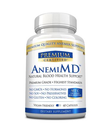 Premium Certified AnemiMD - All Natural Anemia and Energy Support - High Potency Iron - Vitamins C A B12 Folate and Piperine - Gentle On GI Tract - 60 Vegan Friendly Capsules