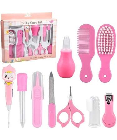 Pinsheng 10 PCS Baby Healthcare Grooming Kits Newborn Baby Care Accessories Safety Cutter Baby Nail Clipper Scissors Hair Comb Brush Nose Cleaner Safety for Toddler Infant Nursing Grooming(Pink)