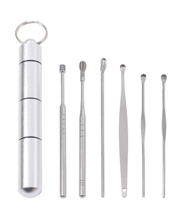TOOKICHI Earwax Removal kit  Ear Wax Removal 6-in-1 Ear Pick Tools Reusable Ear Cleaner  Stainless Steel Limpiador de Oidos Set with Keychain Box Utility to Use Silver