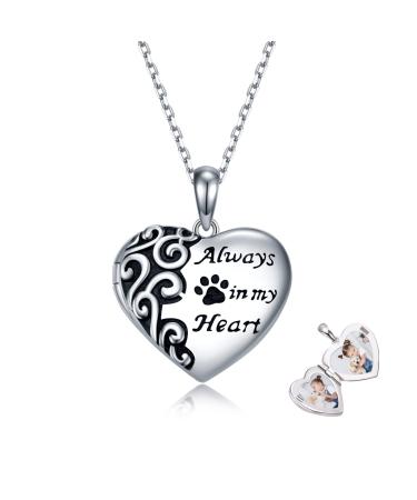 Feijiesi Pet Necklace Sterling Silver Paw Print Heart Locket Necklace Dog Cat Pet Photo Pendant Jewelry for Women Girls