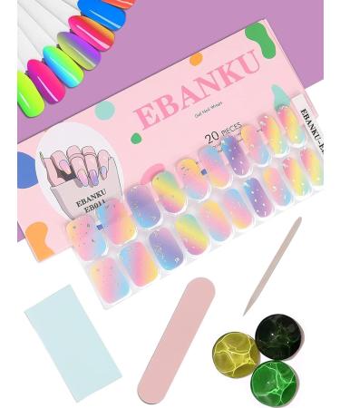 EBANKU Semi Cured Gel Nail Strips 20 Stickers Colorful Rainbow Gel Nail Polish Stickers Wraps Adhesive Gel Nail Stickers with Nail File Stick and Sealing Strip (UV/LED Lamp Required) - Buy Online on GoSupps.com