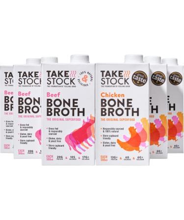 Take Stock Chicken Bone Broth (1) Take Stock Beef Bone Broth (1) (500ML) with 2 Shots of Ginger Honey Turmeric with Apple Cider Vinegar| Low Calorie Keto High Protein & Collagen Supplement 1 Chicken 1 Beef Bone Broth - Buy Online on GoSupps.com