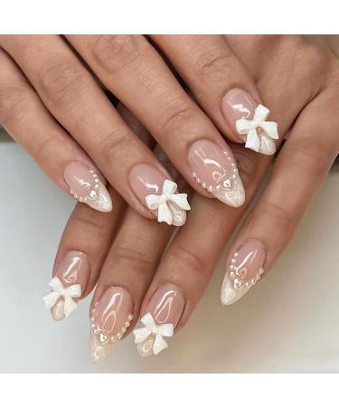 Almond Press on Nails French RIICFDD Short Fake Nails Nude Pink False Nails Cute Bow Nail Charms Design Acrylic Nails French Pearls Press on Nail Full Cover Glue on Nails for Women Girls 24 Pcs Style 13
