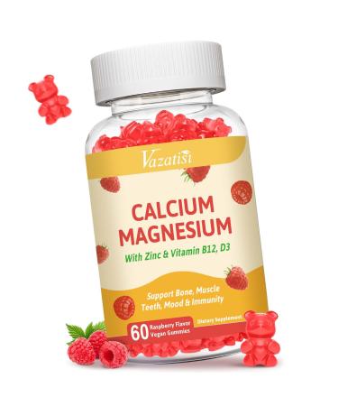 Calcium Gummies with Magnesium, Zinc, Vitamin D3 & B12, Calcium Supplements for Women Men, Support Bone, Muscle and Immunity, 60 Vegan Raspberry Flavor Gummies Raspberry 60 Count (Pack of 1)