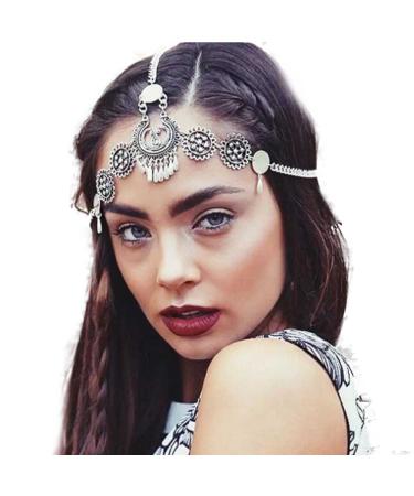 Missgrace Bohemian Vintage Dainty Silver Metal Chain Jewelry Headband Head Hair Band Tassels Pearl Bridal Head Chain for Women and Girls