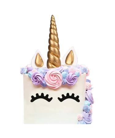 LUTER Cake Topper, Handmade Gold Unicorn Birthday Cake Topper, Reusable Unicorn Horn, Ears Eyelash Set, Unicorn Party Decoration Birthday Party, Baby Shower Wedding (Set of 5, 6 x 1.37in)