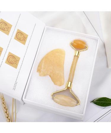 Gua Sha Facial Tool Natural Jade Roller Guasha Skin Scraper Facial Set Facial Stone Firming Face Anti-Aging Puffy Eyes Massager Neck Anti Wrinkle-Yellow set no box - Buy Online on GoSupps.com