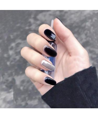 Sethain shiny oval wrong nails tips black silver fingernails short complete cover 24 pieces press nail for women and girls