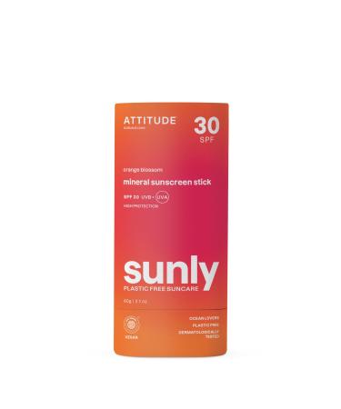 ATTITUDE ATTITUDE Mineral Sunscreen Stick with Zinc Oxide SPF 30 EWG Verified Plastic-Free Broad Spectrum UVA/UVB Protection Dermatologically Tested Vegan Orange Blossom 60g