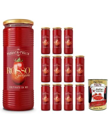 Italian Gourmet E.R. Rosso Gargano Passata di Puglia Set of 12 Glass Jars Tomatoes Pasted from Puglia Italian Tomato Sauce for Pasta Pizzas Sauces Preservation Pack + Italian Gourmet Pulp