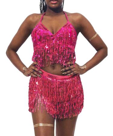 Zoestar Sequin Hip Scarf with Bra Top Dance Performance Costume Tassel Belly Dance Skirt for Women Rose Red