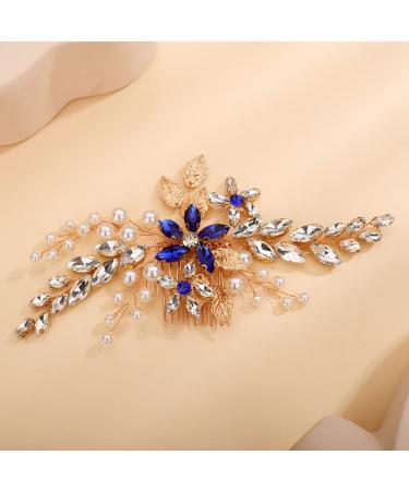 Teyglen Bridal Wedding Crystal Hair Comb Gold Leaf Blue Flower Side Hair Comb Rhinestone Wedding Hair Pieces Hair Jewelry for Bride Women Girls