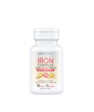 hiroto pharma (90 Capsules) Iron 26mg Iron Complex Vitamin B12 Vitamin C Beetroot Vegan Product Energy Focus Made in The USA.