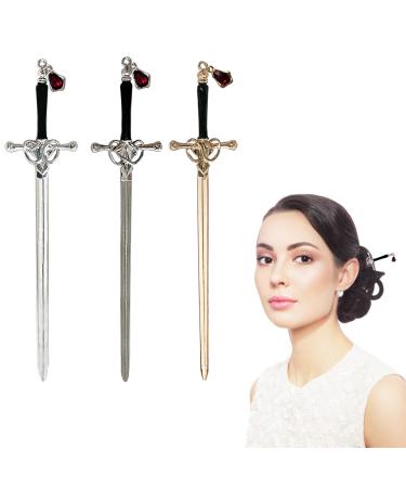 3 PCS Hair Chopsticks  Comics Chinese Style Hair Pin Sword Shaped Hair Chopsticks Chignon with Red Gemstone Pendant Hair Accessory for Women Girl Long Hair (Type A)