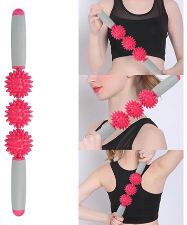 Verdant Touch Massage Roller - Muscle Relief & Relaxation Yoga Stick with 3 Balls - Rose Red - Buy Online on GoSupps.com