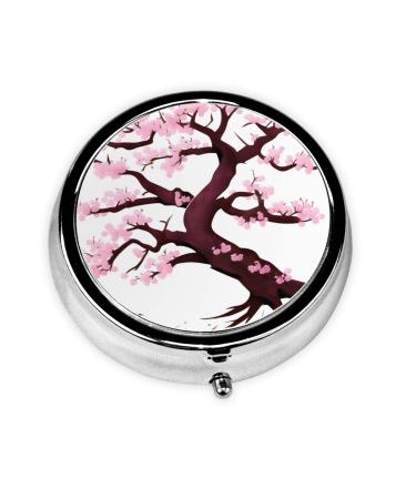 Cherry Blossoms Treeround Pill Box 3 Compartments Round Pill Box Organizer for Purse Or Pocket Portable Travel Pill Box