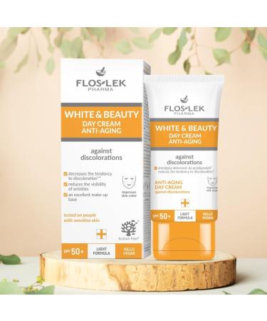 FLOSLEK White & Beauty Antiaging day cream against pigment spots SPF 50+ face cream with protection factor against wrinkles and eye rings removes age spots and impurities 50 ml - Buy Online on GoSupps.com