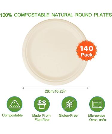 140 Pieces Compostable Paper Plates 10 inch Heavy Duty Disposable Plates Eco-Friendly 100% Bagasse Natural Biodegradable Sugarcane Bagasse Plates for Party Dinner Birthday - Buy Online on GoSupps.com