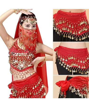 Womens Belly Dance Hip Scarf & Chiffon Towel - Red Coin Belt Costume with Sequins | International Shipping - Buy Online on GoSupps.com