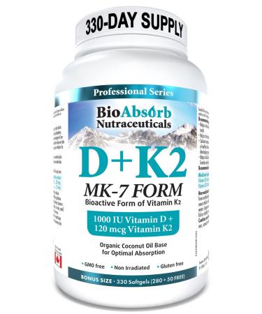 Vitamin D3 1000 IU + Vitamin K2 MK-7 (120 mcg). 330-Day Supply Of Vitamin D3 K2. Organic Coconut Oil Base For Optimal Absorption of K2 D3 Vitamin Supplement (330 Softgels of Vitamin D K2)