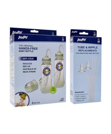 Podee Hands-Free Baby Bottle (Twin Pack) + Tube and Nipple Replacement Kit