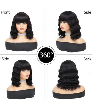 DUOUPA Body Wave Human Hair Wig with Bangs - Short Wavy Bob, Brazilian Virgin Hair, Natural Color - 12 Inch | 150% Density for Black Women - Buy Online on GoSupps.com