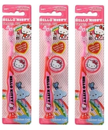 Hello Kitty Children's Tooth Brush (Pack of 3) with Cap and Suction - Toothbrush Designs Vary - Premium Quality