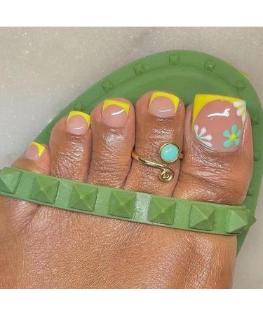 Flower Press on Toenails Yellow Tips French Fake Toenails with Designs Short Square Fashion False Toe Nails Summer Full Cover Reusable Waterproof Acrylic Foot Fake Nails for Women 24pcs