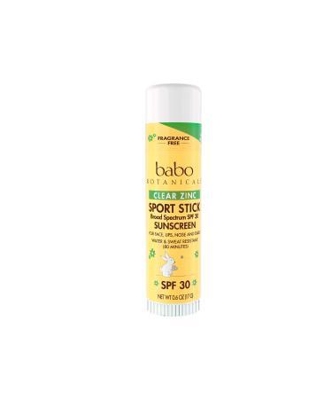 Babo Botanicals Clear Zinc Sport Sunscree Stick SPF 30 with 100% Mineral Active, Unscented, 0.6 Oz, Multi, Fragrence Free, 1 Count