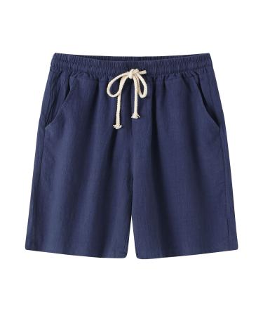 Loyalt Men's Fashion Casual Solid Color Cotton Linen Shorts Tie Cotton Linen Shorts Navy Medium
