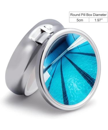 Round Blue Swimming Pool Print Pill Organizer - 3 Compartment Decorative Metal Pill Box for Travel - Buy Online on GoSupps.com