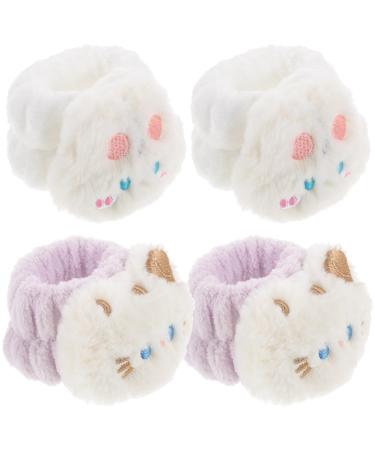 Homoyoyo Lot de 4 Bracelets Absorbants L'eau pour Lavage du Visage en Fausse Fourrure Taille Petite Couleur Blanc Motif Chat et Lapin Bande Confortable Anti-humidit pour Soins du
