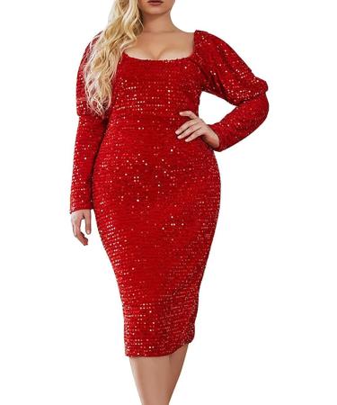 Hanxiulin Women's Winter Cocktail Dress - Sequin Midi Ball Dress in Red - Elegant Leisure Outfits - Plus Size XXL - Buy Online on GoSupps.com