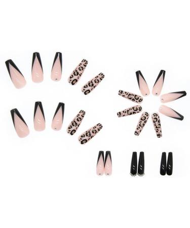 JUSTOTRY 24 pcs Leopard & Pearl Black French Press on Nails - Acrylic Coffin Medium False Nails for Women | Nail Art Stick on Nails with Glue - Buy Online on GoSupps.com