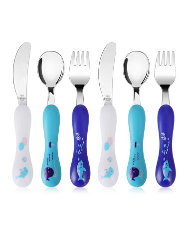 Lehoo Castle Kids Cutlery 2-4 Year Old 6pcs Stainless Steel Toddler Cutlery Set Children's Cutlery Set Incudes 2 x Spoons 2 x Forks 2 x Knives Blue/White
