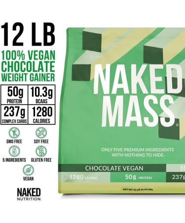 NAKED Vegan Mass - Chocolate Vegan Weight Gainer - 1 280 Calories Non-GMO Soy & Gluten Free No Artificial Ingredients - 12LB Bulk - 17 Servings Chocolate 12 Pound (Pack of 1) - Buy Online on GoSupps.com