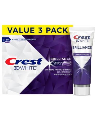 Crest 3D White Brilliance Luminous Purple Teeth Whitening Toothpaste, 4.6 oz Pack of 3, Anticavity Fluoride Toothpaste, Fights 100% More Surface Stains, 24 Hour Active Stain Prevention Luminous Purple 4.6 Ounce (Pack of 3)