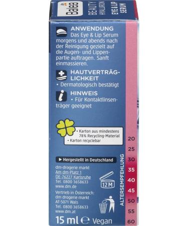 Balea Beauty Hyaluron Eye & Lip Serum 15ml - Hydrating Anti-Aging Eye Care for Dark Circles & Fine Lines | International Shipping Available - Buy Online on GoSupps.com