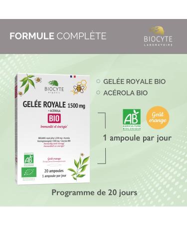 BIOCYTE Organic Royal Jelly - Natural Food Supplement Immunity & Energy Reduces Fatigue - Organic Royal Jelly Vitamin C Organic Acerola - Orange Flavor - 20 Ampoules - 20 Days Program - Buy Online on GoSupps.com