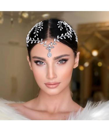 LOVFOIVER Bridal Headpieces for Wedding  Rhinestone Forehead Headband Hair Accessories for Bride Silver