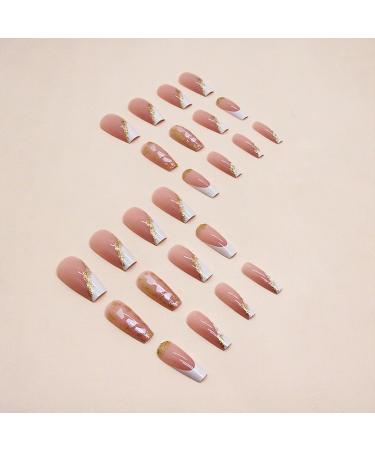 Medium Square Press on Nails - Gold Foil French Tip False Nails | 24 Pcs Stick on Glitter Acrylic Nails for Women & Manicure Art - Buy Online on GoSupps.com