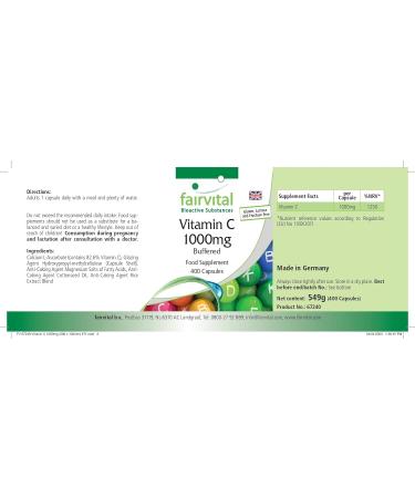 Buy Fairvital Buffered Vitamin C 1000mg - 400 Vegan Capsules | Stomach-Friendly Calcium Ascorbate | Free International Shipping - Buy Online on GoSupps.com