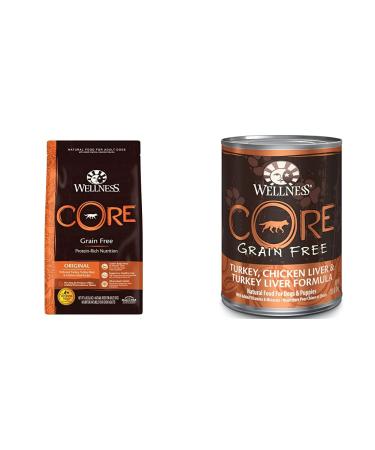 Wellness CORE Grain Free Dry Dog Food, Turkey & Chicken Meal, 4 Pound Bag + Wellness CORE Wet Dog Food Pate, Turkey, 12 Cans, 12.5 Ounce Can Trial Bundle - Turkey