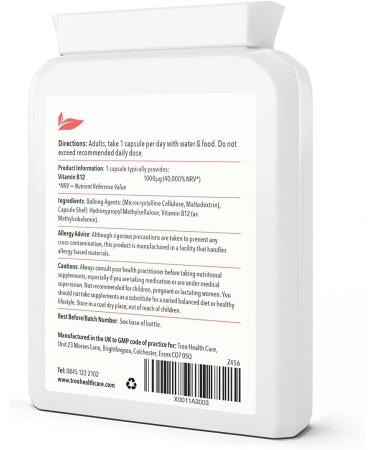 High Strength Vitamin B12 Methylcobalamin Supplement 1mg - 120 Easy Swallow Capsules - Energy & Nervous System Support - UK Manufactured to GMP Standards - Buy Online on GoSupps.com