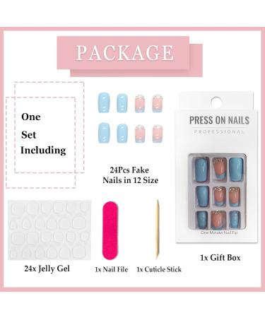 24Pcs Blue Glitter Short Square False Nails with Rhinestones | Reusable Press on Nails for Women | Nail Art Accessories - Buy Online on GoSupps.com
