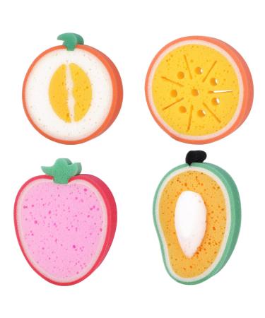 Tofficu 4pcs Premium Kids Fruit Bath Sponges Brushes Scrubbers Bathing Tools for Kids Children (Mango+ Honey- Dew Melon+ Orange+ Strawberry)