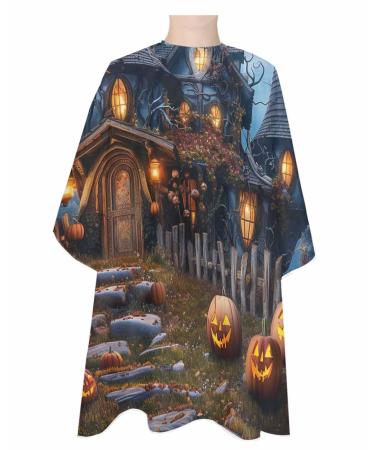 Halloween Barber Cape - Salon Hair Cutting Cape for Women Men Kids Adults Forest Ghost Pumpkin Castle Vintage Cottage Haircut Cape with Adjustable Elastic Neckline Hairdressing Stylist Accessories 1 piece 55x63 Inch Black Mist Blue Dark Orange