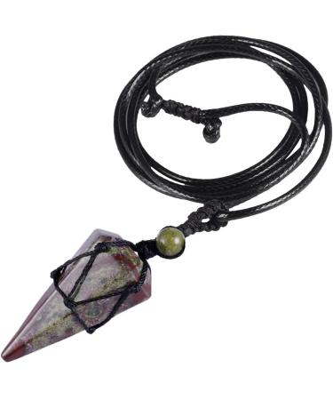 Kyeygwo Six -Seckiger Crystal trailer necklace with adjustable leather rope polished quartz pointed stone healing Reiki pendulum chain red green
