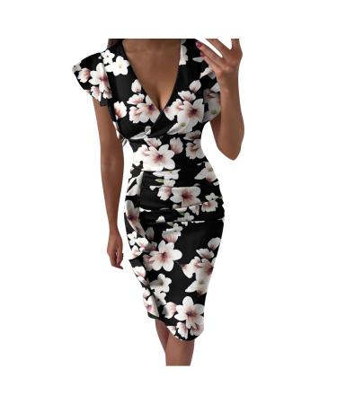 Briskyry V-neck flowers case of the knee long business dresses women summer elegant bustier festival dresses sexy ruffled hems.
