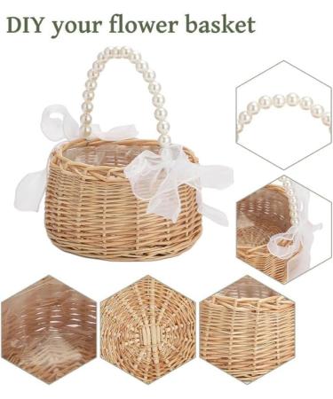 Wicker Rattan Flower Girl Basket with Pearl Handle and Bow Hand Woven Wicker Basket Candy Basket with Ribbon for Wedding - Buy Online on GoSupps.com
